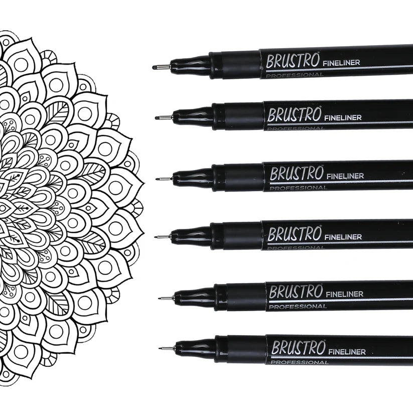 Brustro Professional Pigment Based Fineliner Pen Set of 6 different point size Black color (Micron)