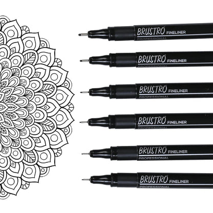 Brustro Professional Pigment Based Fineliner Pen Set of 6 different point size Black color (Micron)