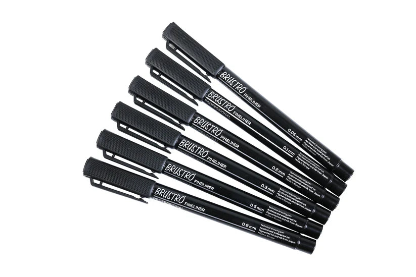 Brustro Professional Pigment Based Fineliner Pen Set of 6 different point size Black color (Micron)