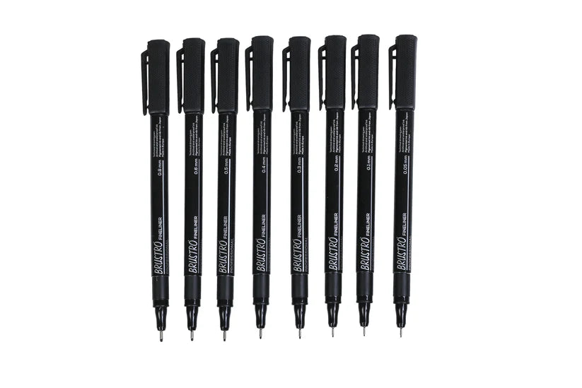 Brustro Professional Pigment Based Fineliner Pen Set of 8 different point size Black color (Micron)