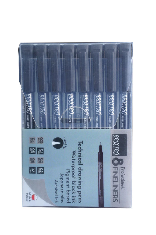 Brustro Professional Pigment Based Fineliner Pen Set of 8 different point size Black color (Micron)
