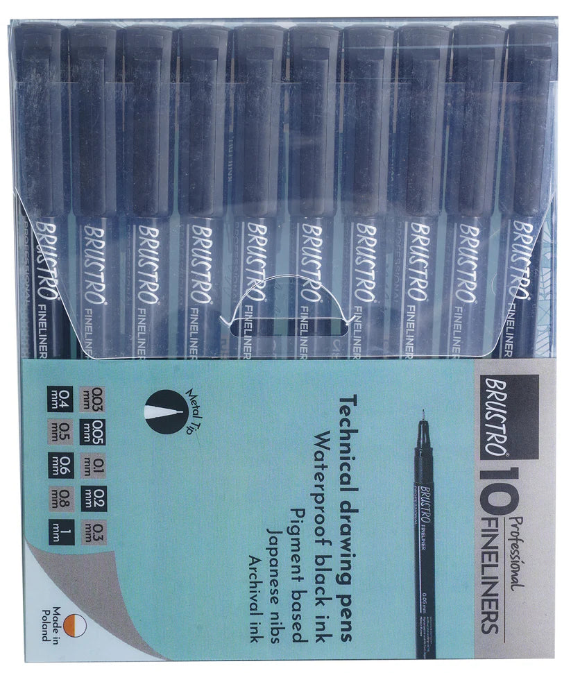 Brustro Professional Pigment Based Fineliner Pen Set of 10 different point size Black color (Micron)