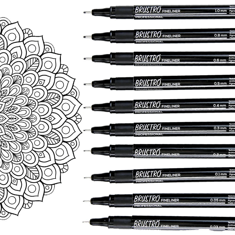 Brustro Professional Pigment Based Fineliner Pen Set of 10 different point size Black color (Micron)