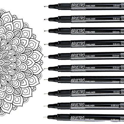 Brustro Professional Pigment Based Fineliner Pen Set of 10 different point size Black color (Micron)