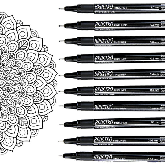 Brustro Professional Pigment Based Fineliner Pen Set of 10 different point size Black color (Micron)