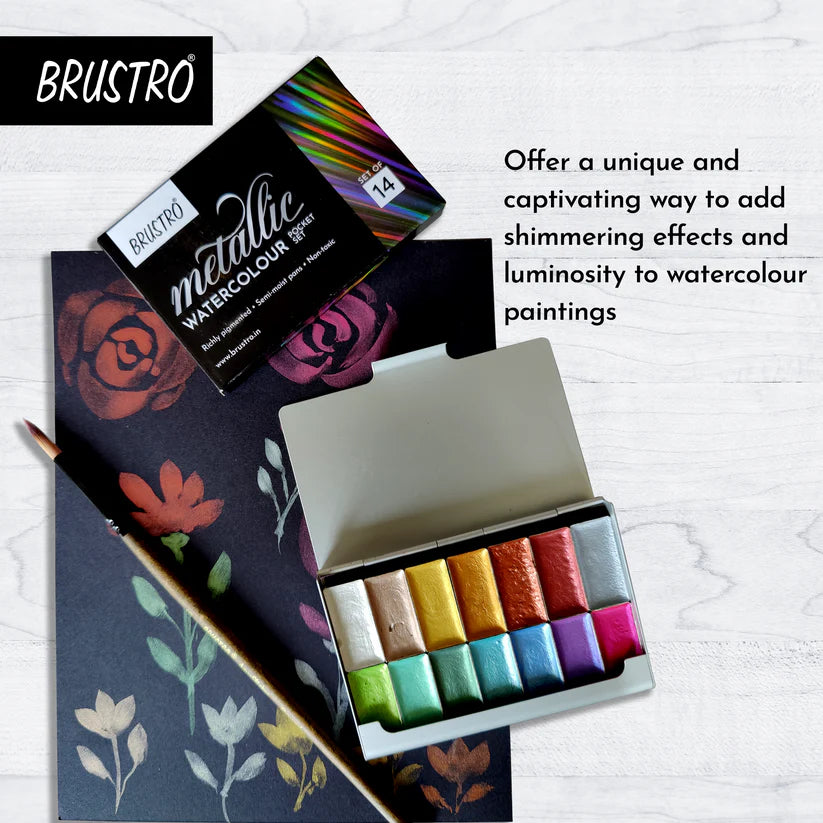 BRUSTRO Artists Metallic Watercolour Pocket Set of 14 Half Pans