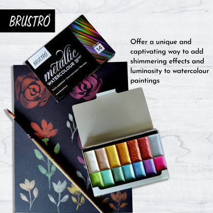 BRUSTRO Artists Metallic Watercolour Pocket Set of 14 Half Pans