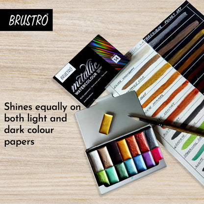 BRUSTRO Artists Metallic Watercolour Pocket Set of 14 Half Pans