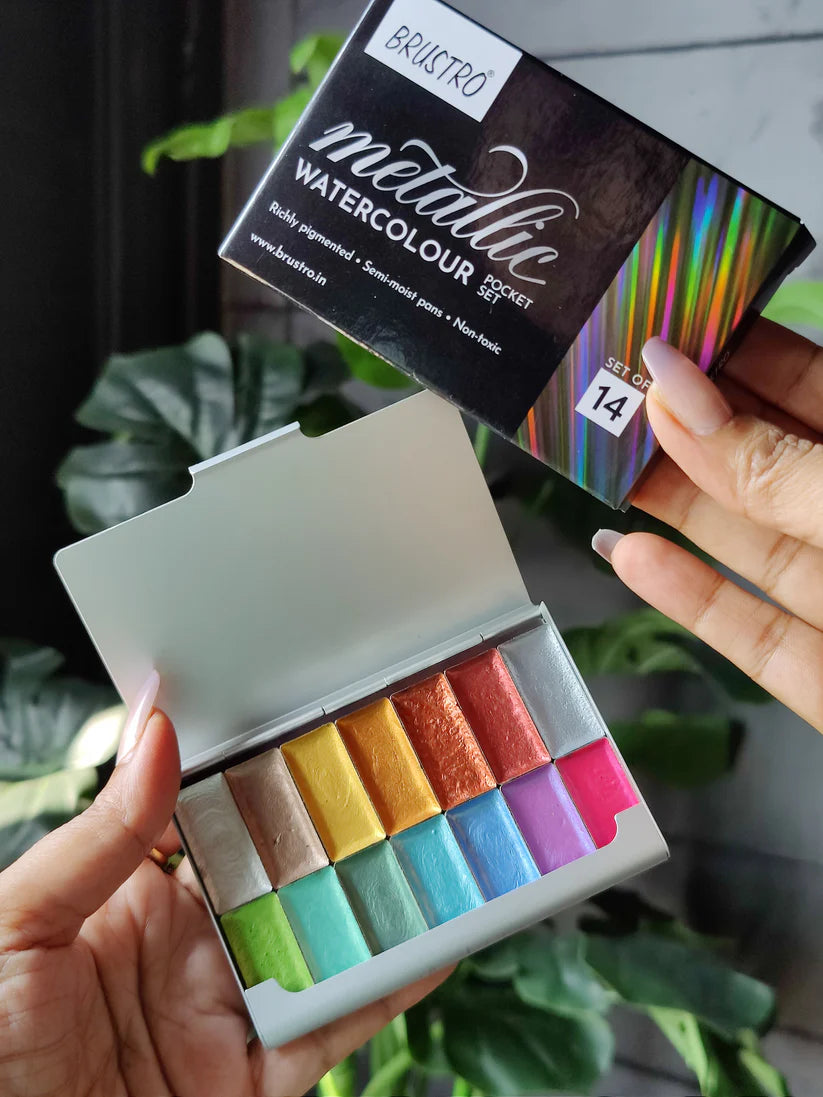 BRUSTRO Artists Metallic Watercolour Pocket Set of 14 Half Pans