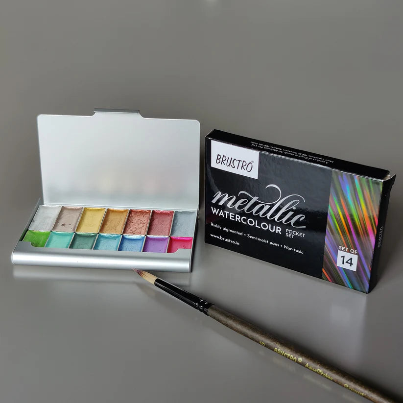 BRUSTRO Artists Metallic Watercolour Pocket Set of 14 Half Pans