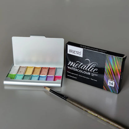 BRUSTRO Artists Metallic Watercolour Pocket Set of 14 Half Pans