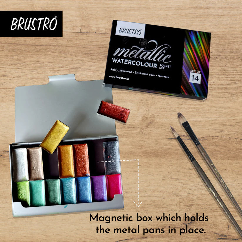 BRUSTRO Artists Metallic Watercolour Pocket Set of 14 Half Pans