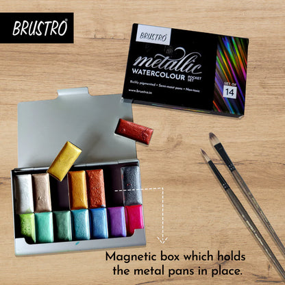 BRUSTRO Artists Metallic Watercolour Pocket Set of 14 Half Pans