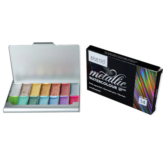 BRUSTRO Artists Metallic Watercolour Pocket Set of 14 Half Pans
