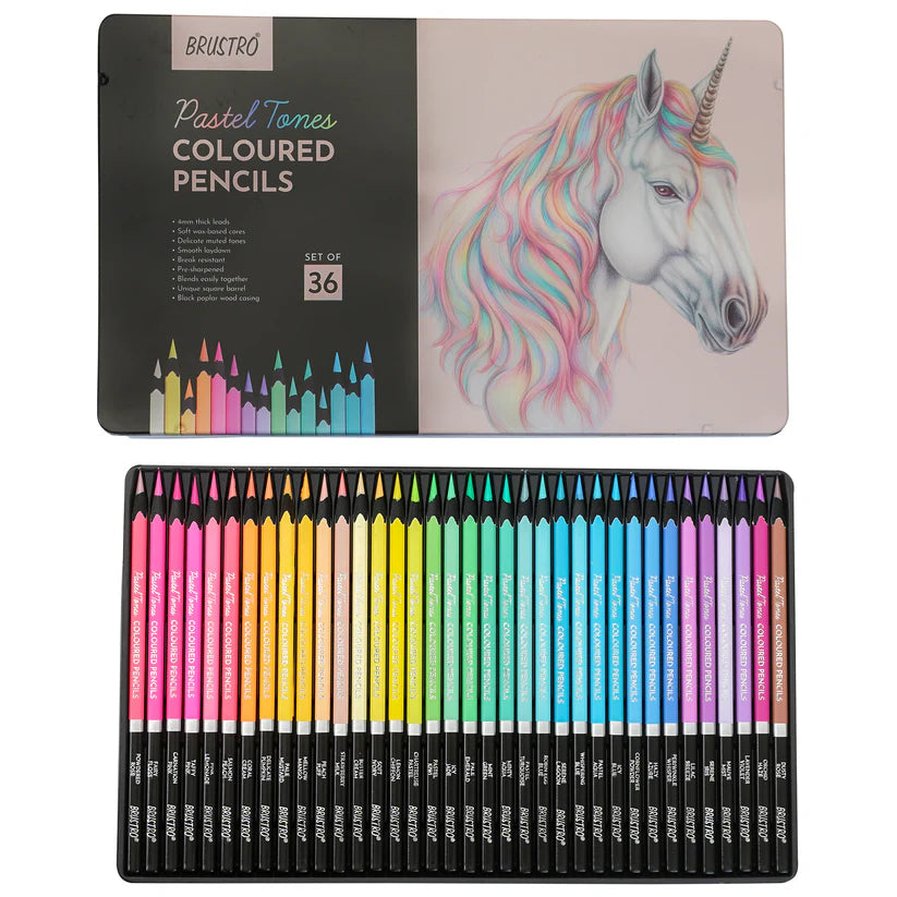 BRUSTRO Artist's Pastel Tone Coloured Pencils Set of 36 (in elegant tin box)