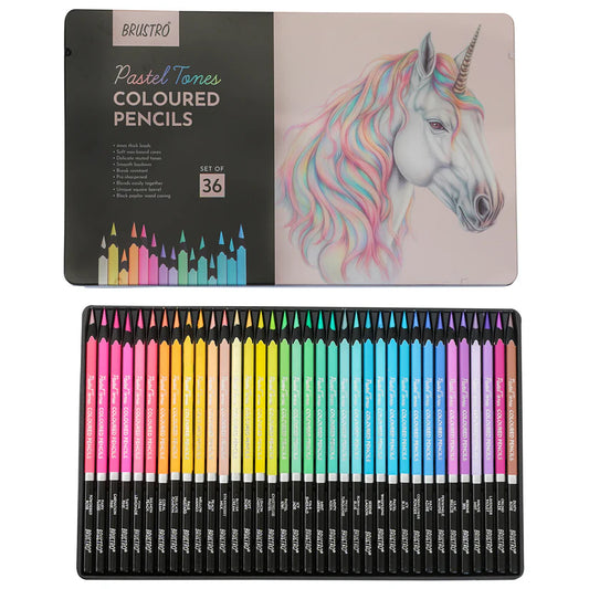 BRUSTRO Artist's Pastel Tone Coloured Pencils Set of 36 (in elegant tin box)