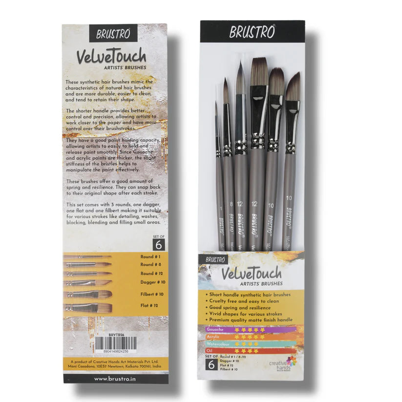 BRUSTRO VelveTouch Artist Brushes Set of 6 for Gouache, Acrylics, Watercolor, and Oil Painting