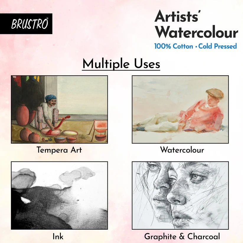 Brustro Artists' Watercolour 100% Cotton 300gsm Cold Pressed Pad, 12 Sheets, Size- A3