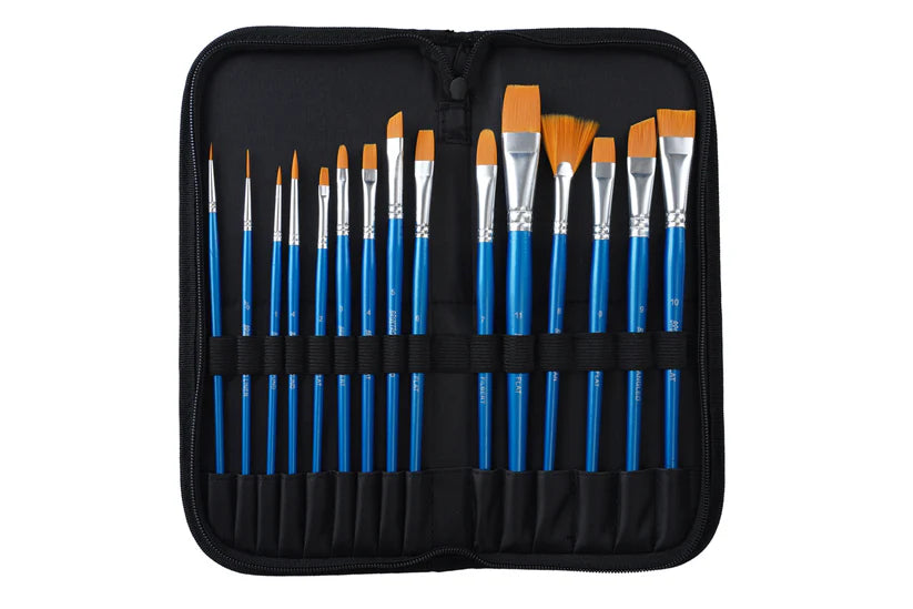 Brustro Synthetic Hair Short Handle Artists Taklon Hair Brush Set of 15 in a Premium Zippered Brush Wallet