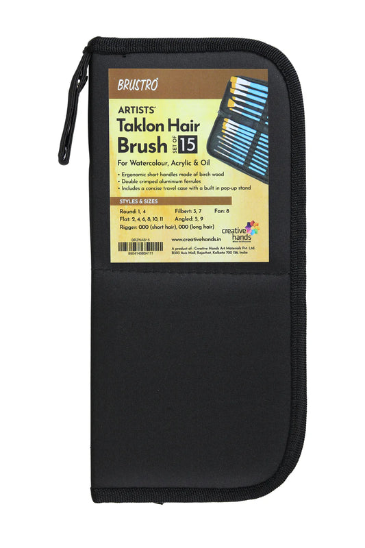 Brustro Synthetic Hair Short Handle Artists Taklon Hair Brush Set of 15 in a Premium Zippered Brush Wallet