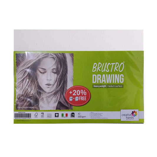 BRUSTRO Drawing Papers 200 GSM, A3, Pack of 12 (10+2 Sheets)