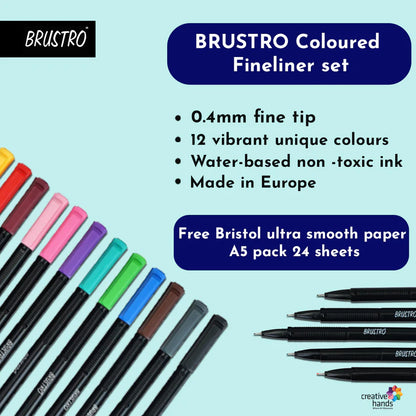 BRUSTRO Coloured Fineliner Set of 12 Assorted Colours 0.4mm