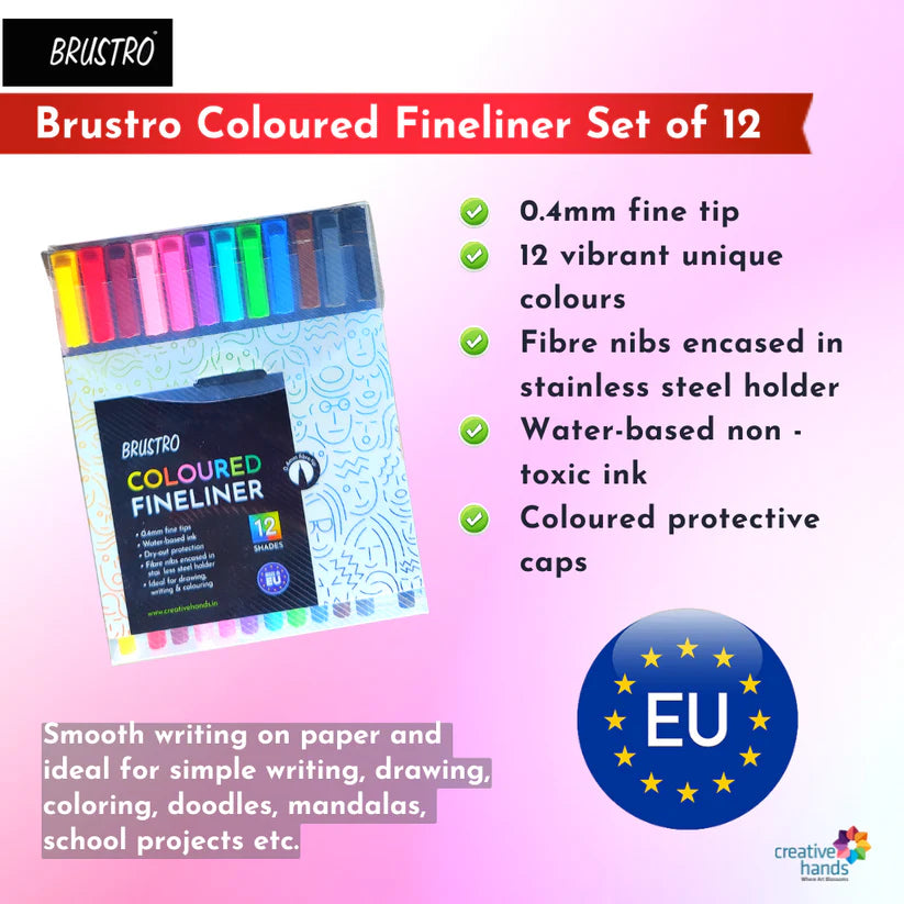 BRUSTRO Coloured Fineliner Set of 12 Assorted Colours 0.4mm