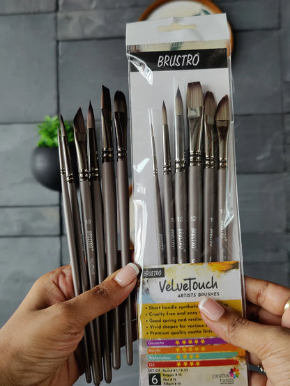 BRUSTRO VelveTouch Artist Brushes Set of 6 for Gouache, Acrylics, Watercolor, and Oil Painting