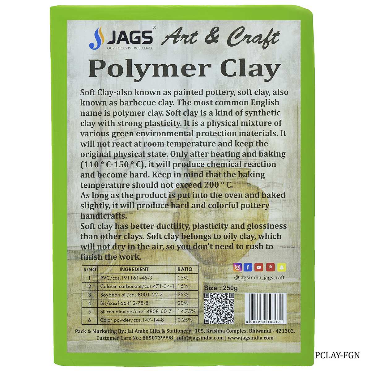 Polymer Clay 250gm Fluorescent Green PCLAY-FGN