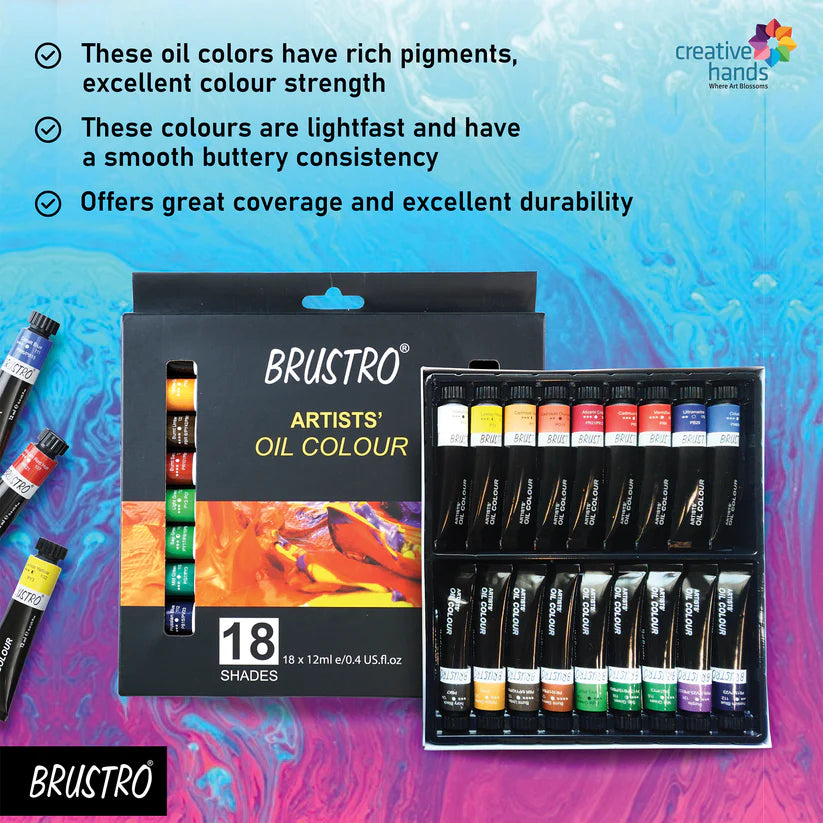 BRUSTRO Artists’ Oil Colour Set of 18 Colours X 12ML Tubes