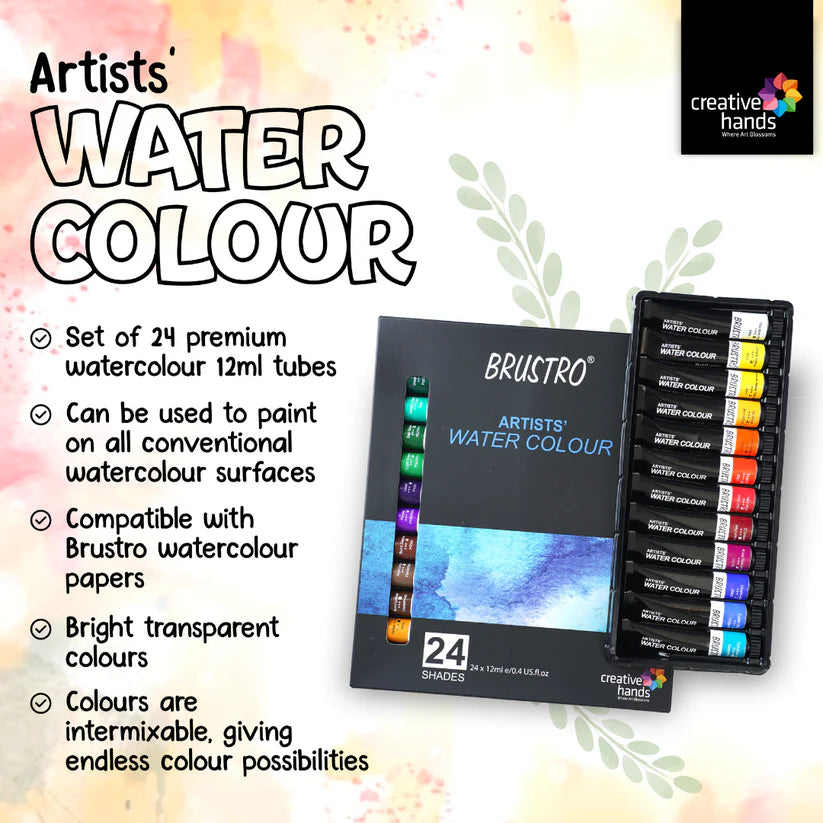 BRUSTRO ARTISTS' WATERCOLOUR SET OF 24 COLOURS X 12ML TUBES