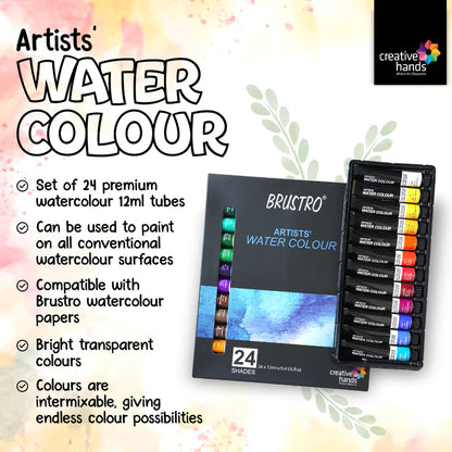 BRUSTRO ARTISTS' WATERCOLOUR SET OF 24 COLOURS X 12ML TUBES