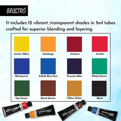 BRUSTRO Artist's Watercolour Paint | Set of 12 Colours X 5ML Tubes