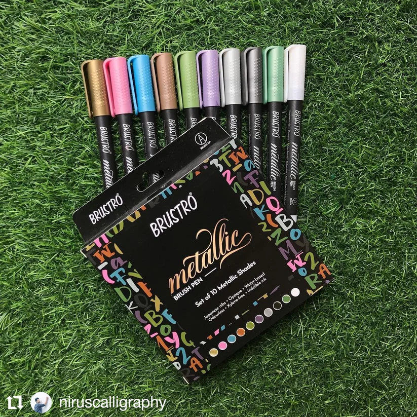 BRUSTRO Metallic Brush Marker Pens Set of 10 Metallic Shades